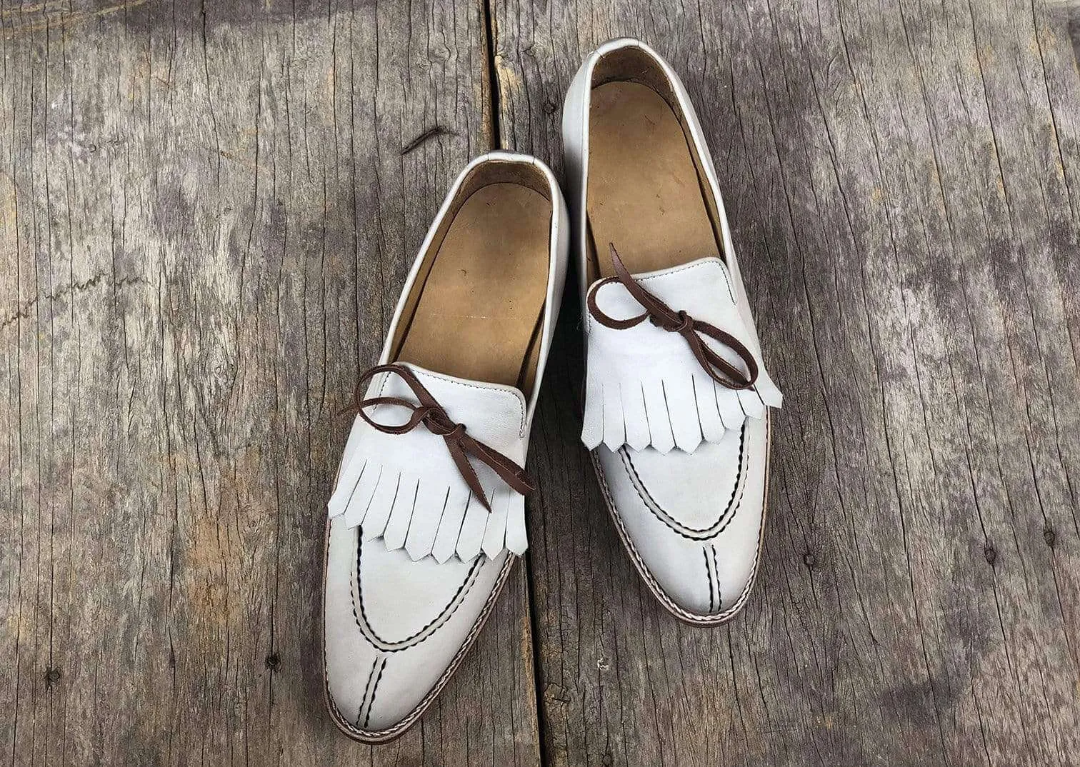Handmade Men's White Leather Split Toe Fringe Shoes