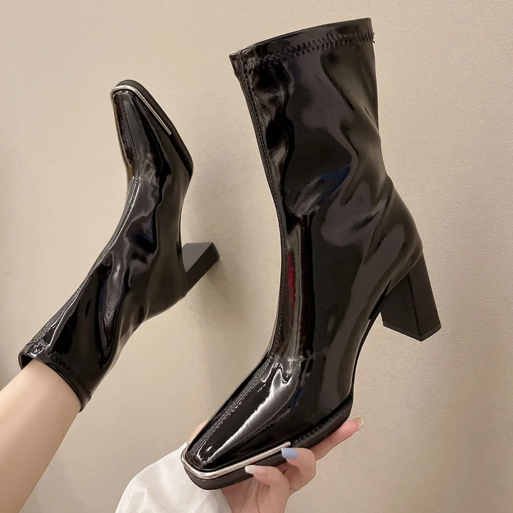 Toleet Female Chelsea Boots Metal Design 2023 Hot Sale Fashion Brand Knee High Boots For Women High Qulaity Chunky Heel women's Shoes