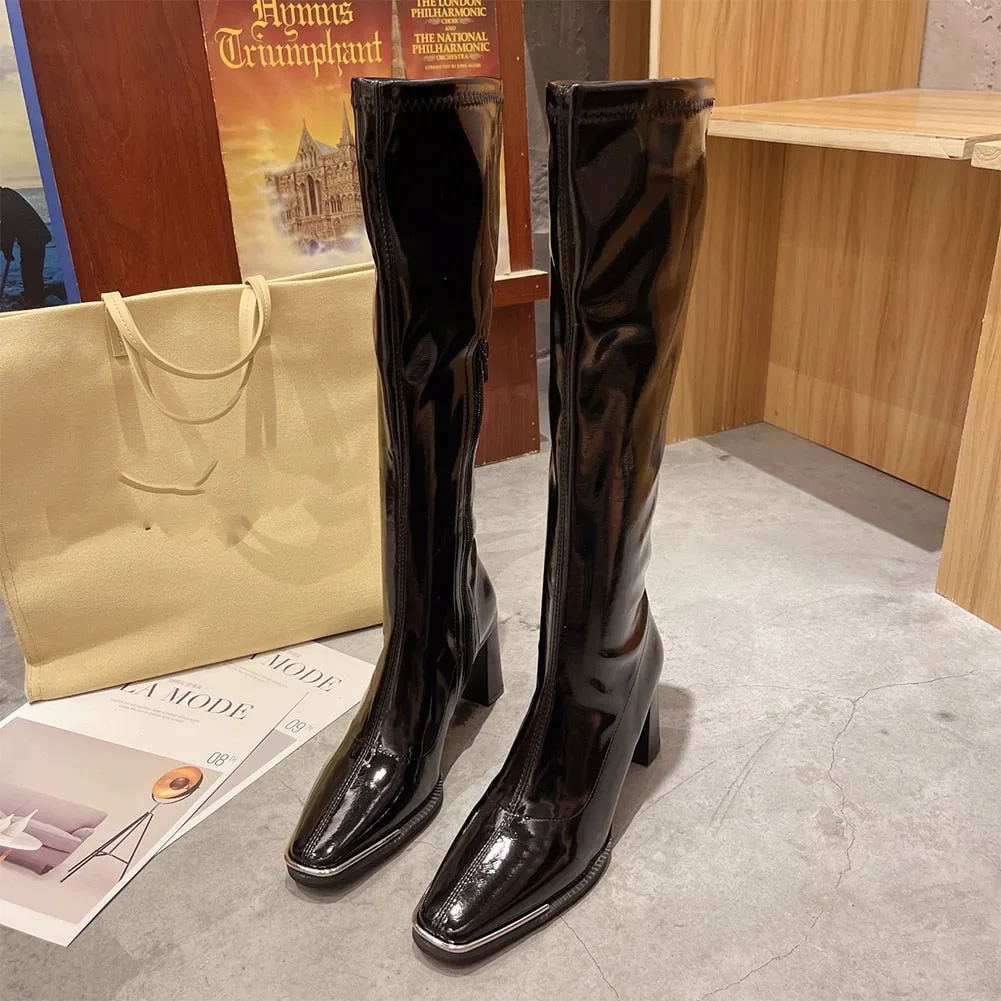 Toleet Female Chelsea Boots Metal Design 2023 Hot Sale Fashion Brand Knee High Boots For Women High Qulaity Chunky Heel women's Shoes