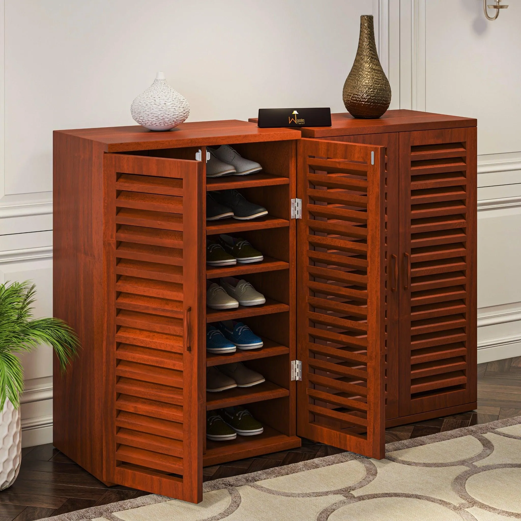 Wooden Double Shoe Rack Cabinet In Teak Wood